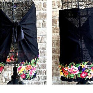 Vintage Jantzen Swimsuit Cover Up Wrap Skirt One Size USA Black Floral T…